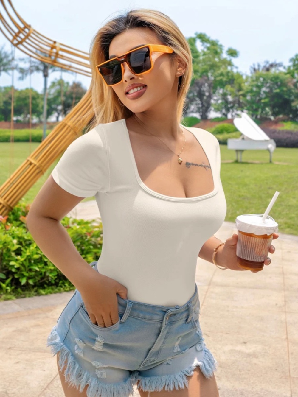 OQQ Square Neck Short Sleeve Bodysuits